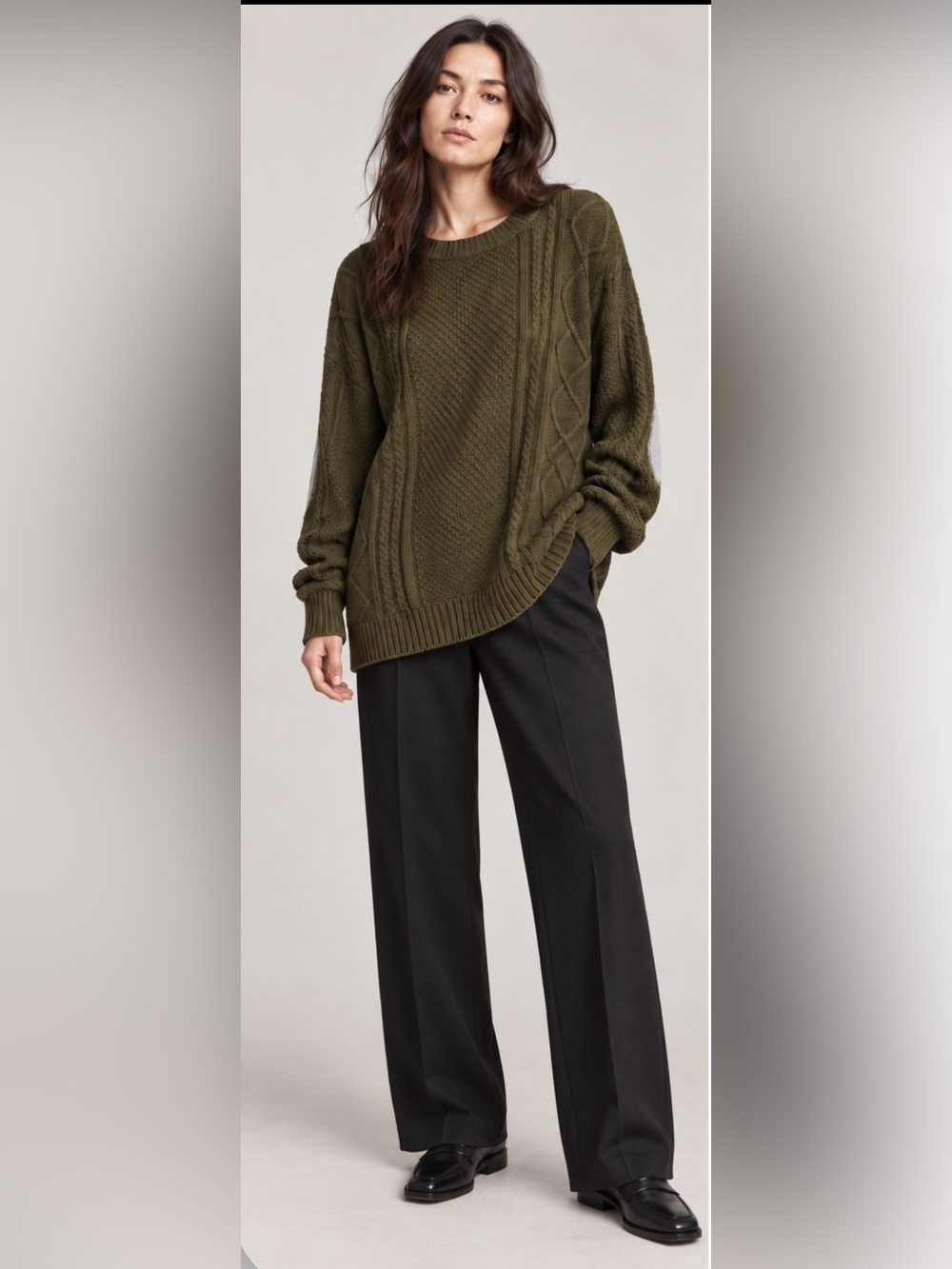 BDG Oversized Olive Cable Knit Sweater Gray Elbow Patches Small - Picture 2 of 6